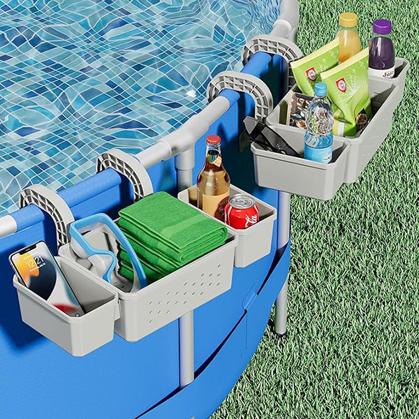 Poolside Storage Basket for Above-Ground Pool Accessories with Dual Cup Holders